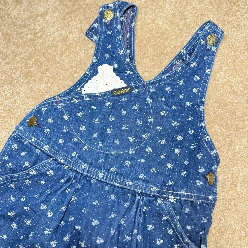 Vintage USA Oshkosh B’gosh Lace‎ Denim Floral Print Vestbak Overall Dress, SZ 5